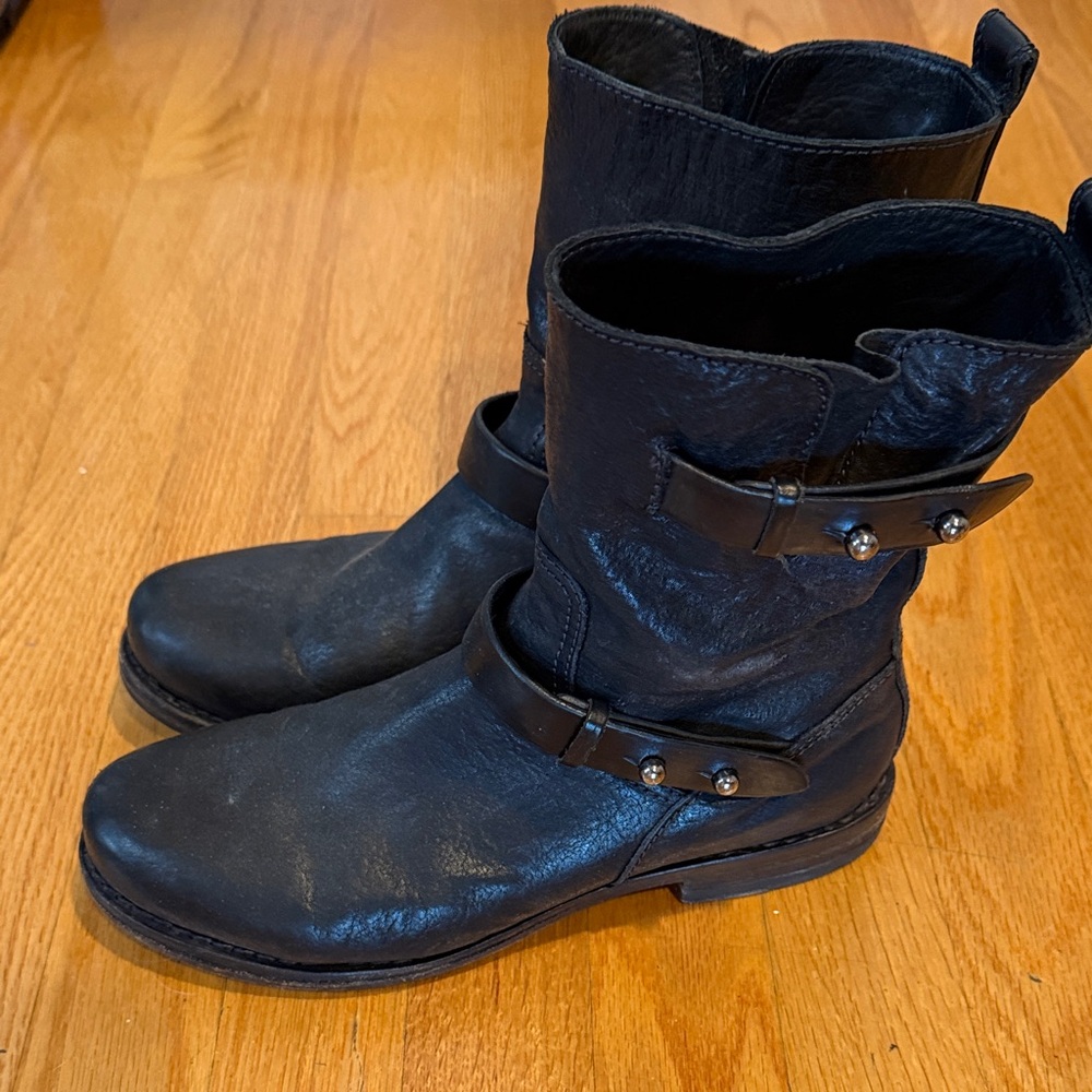 Rag and Bone Distressed Black Leather Buckle Boots